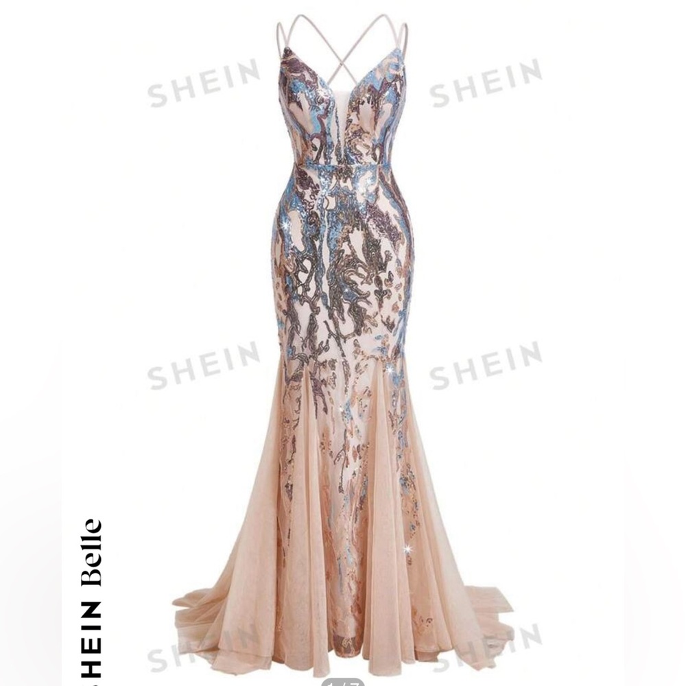 SHEIN sparkly sequin light pink with light blue long dress